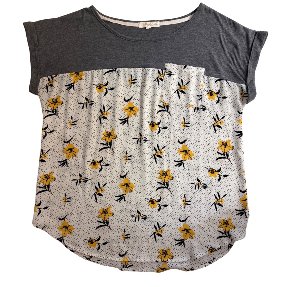 Rewind Womens XL Floral Polka Dot Mixed Media Pocket Top Gray Yellow White